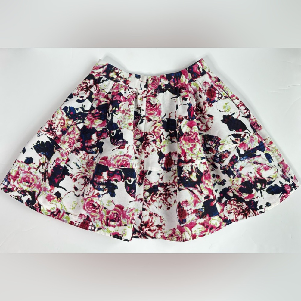 Floral A-line Tiered Full Mini Skirt Textured Grosgrain Fabric Lined w Pockets 4 - Picture 3 of 15